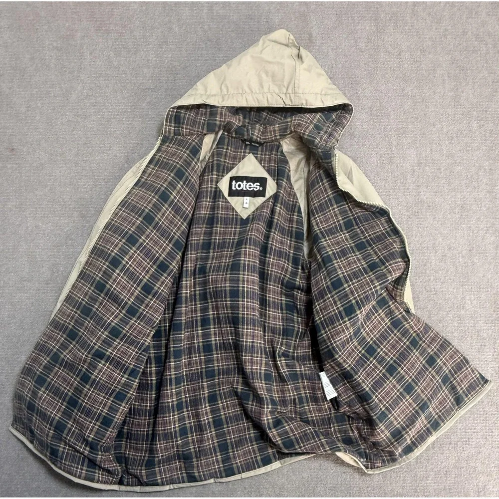 Totes Rain‎ Coat Mens Large Beige PVC Hooded Flannel Lined Insulated Jacket